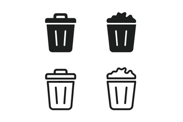 Various black and white trash can designs suitable for digital illustrations or UI applications
