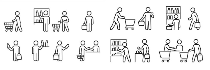 Fototapeta na wymiar Shopping activities and consumer interactions in a market environment featuring various shopping icons