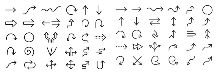Variety of directional symbols displayed in a grid format on a white background showcasing diverse arrow designs