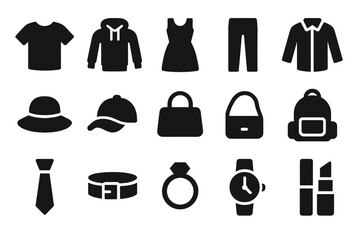 Variety of clothing and accessories displayed in a simple iconic style for fashion enthusiasts