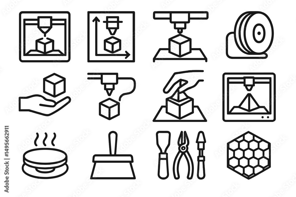 Leinwandbilder Various icons representing 3D printing processes, tools, and techniques for creating objects from digital designs