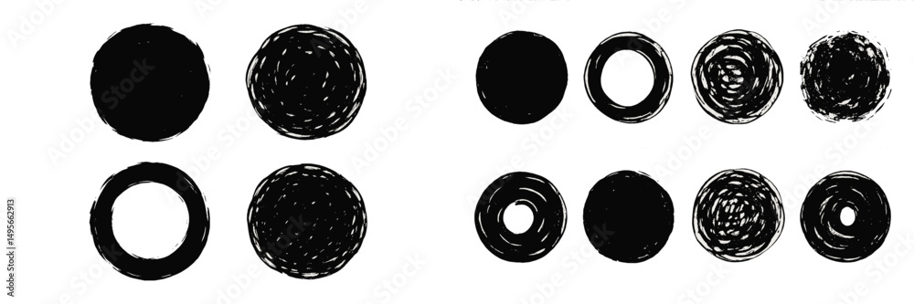 Poster various hand-drawn circular shapes and patterns in different sizes and styles arranged on a plain ba