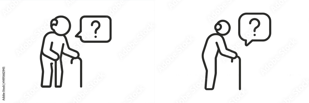 Poster elderly person with cane expressing confusion or curiosity in simple line art design