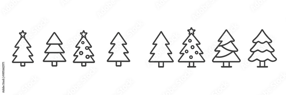 Poster various designs of christmas trees in a minimalist style displayed horizontally against a white back
