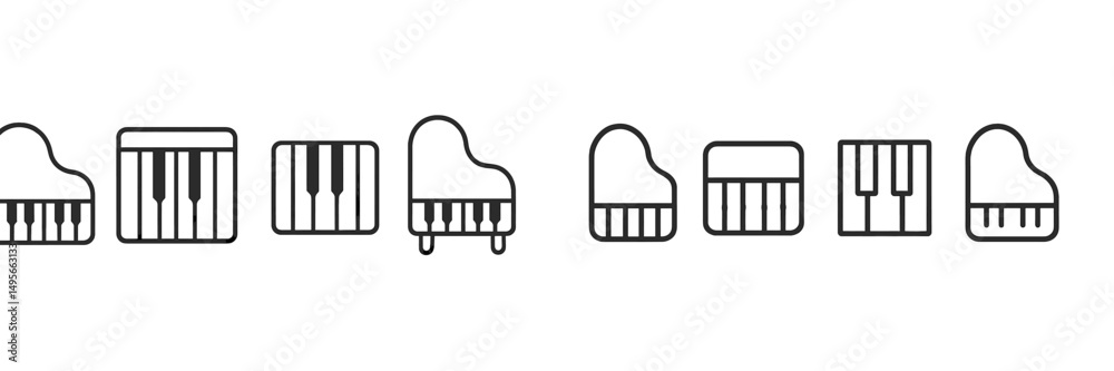 Poster variety of piano designs displayed on a minimalist background showcasing musical instruments in a pl