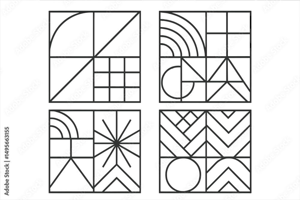 Poster geometric patterns in black and white featuring various shapes and lines arranged in a grid layout