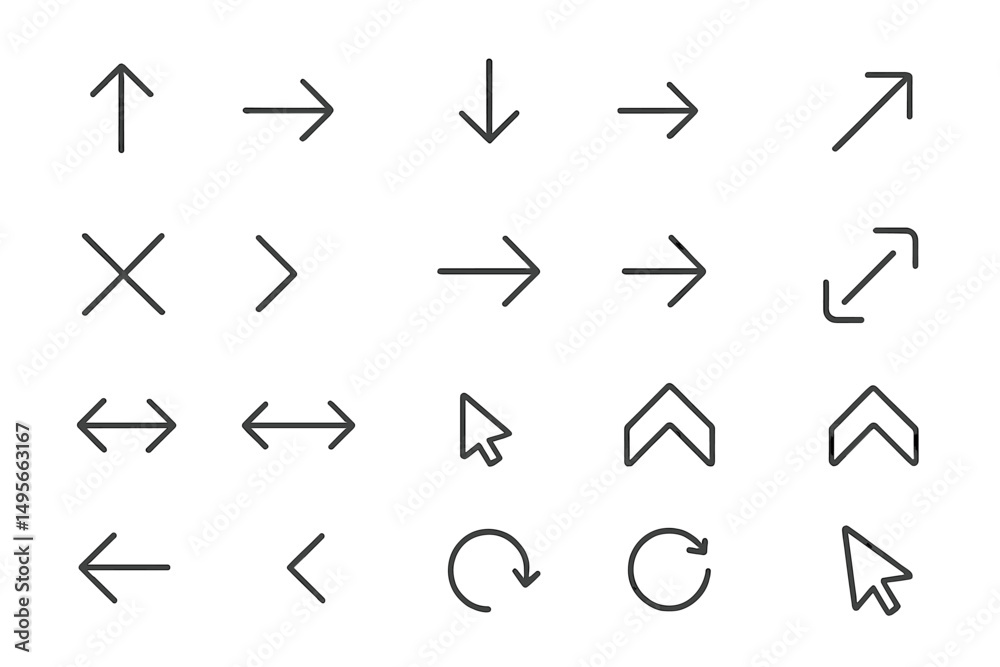 Poster Various arrow icons displaying different directions, shapes, and designs for digital interface navigation