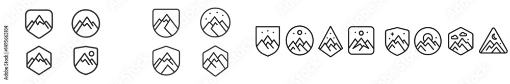 Poster collection of mountain-themed icons featuring various styles and designs suitable for outdoor or adv
