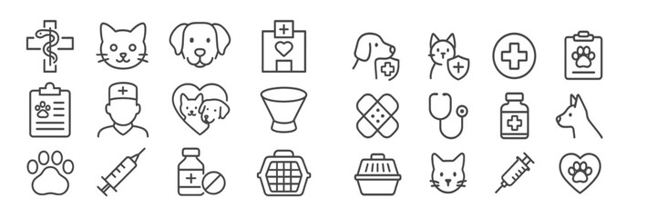 Essential icons representing veterinary care for pets including dogs and cats in a minimalistic style suitable for educational purposes