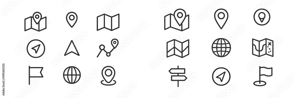 Poster collection of minimalist map icons and navigation symbols arranged in a grid on a plain background