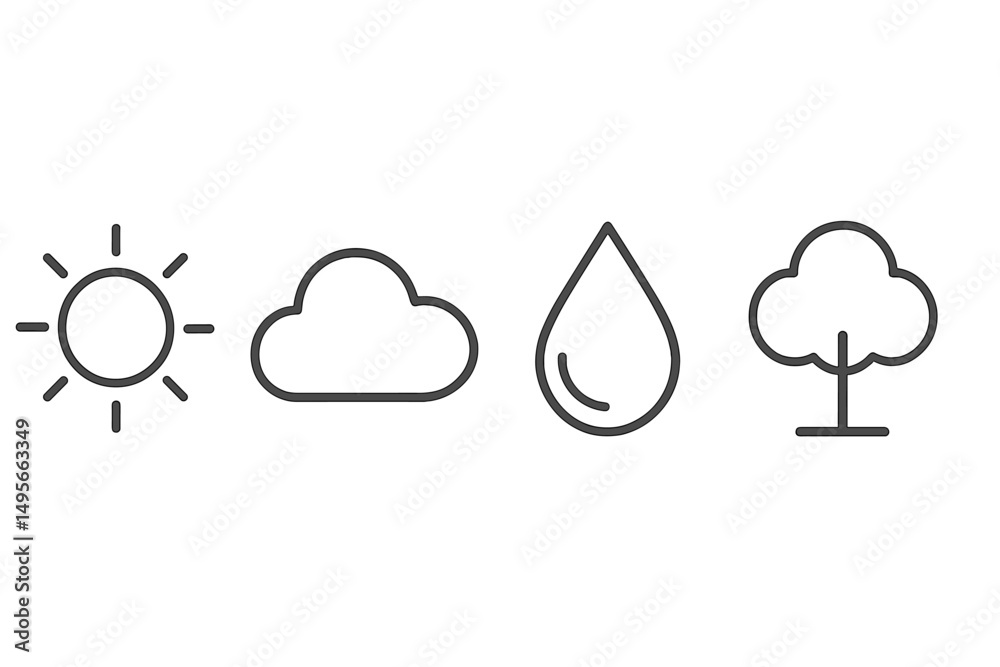 Poster weather symbols representing sun, cloud, drop, and tree in a minimalist design captured during dayli