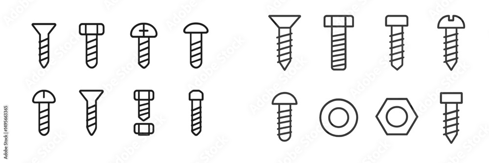 Aufkleber collection of various screw and nut designs in line art style displayed on a white background