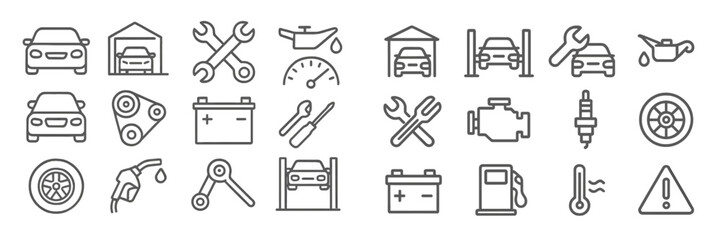 Car maintenance tools and icons displayed in a clean, minimalist style showcasing various elements related to vehicle care and repair