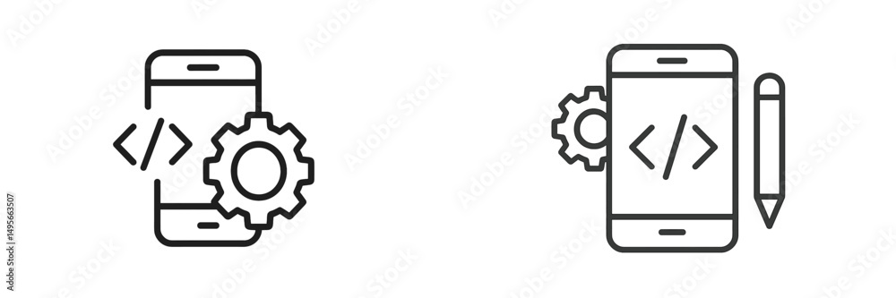 Poster mobile application development icons representing coding and design processes for apps