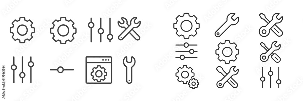 Poster Collection of simple line art icons illustrating gears, tools, and controls in a minimalist design for technical purposes