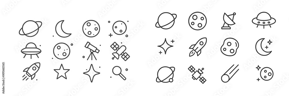 Poster symbols of space exploration including planets, rockets, and celestial bodies depicted in a minimali