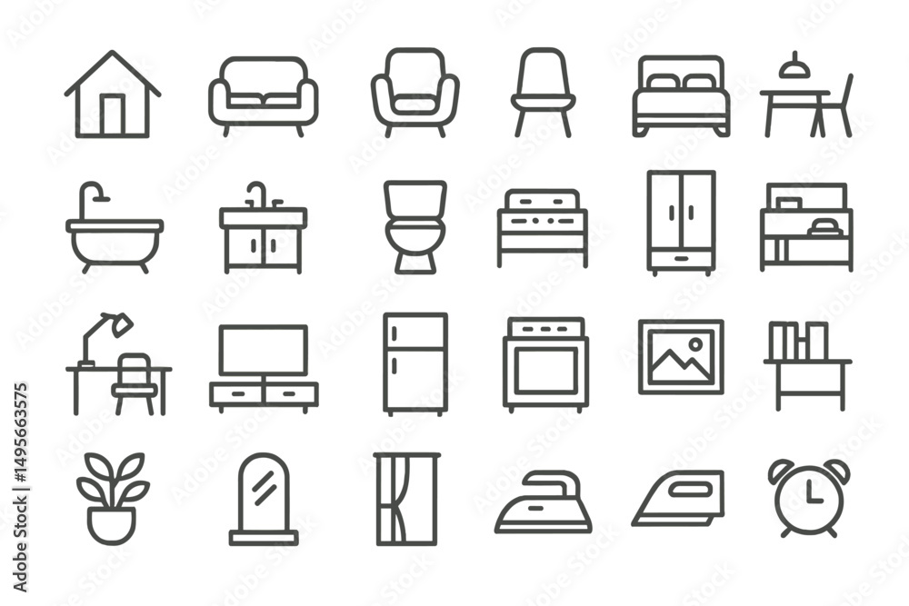 Poster collection of simple line drawings representing various home furniture and appliances in a minimalis