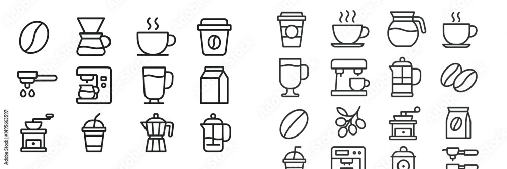 Poster coffee brewing equipment and icons collection illustrating various methods and types of coffee bever