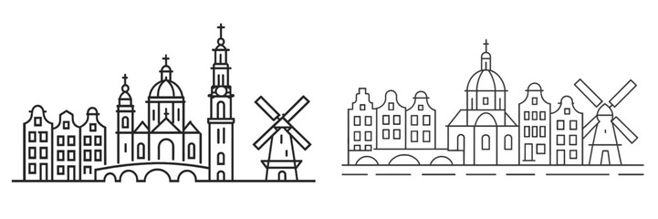 Exploring European architectural styles in a linear design of windmills and historic buildings at twilight