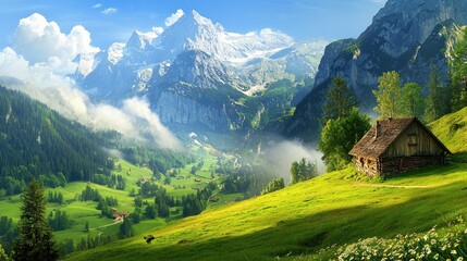 Fototapeta premium Serene Mountain Cabin: A Picturesque Alpine Valley