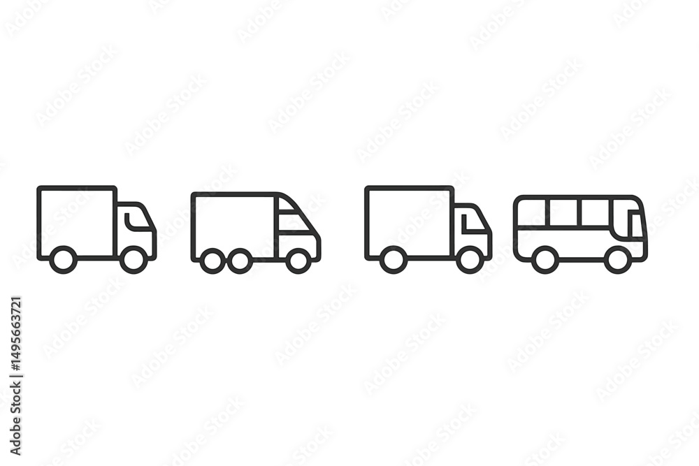 Poster various types of delivery vehicles arranged in a row, showcasing design differences and purposes