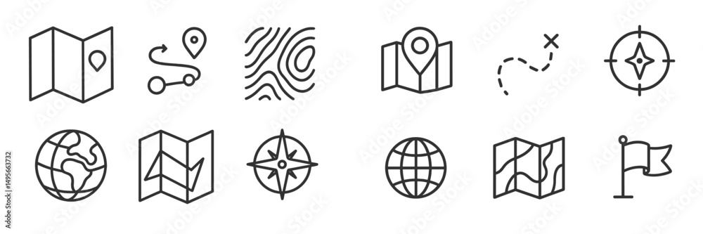Poster exploring navigation symbols and icons representing maps and travel concepts for modern wayfinding t