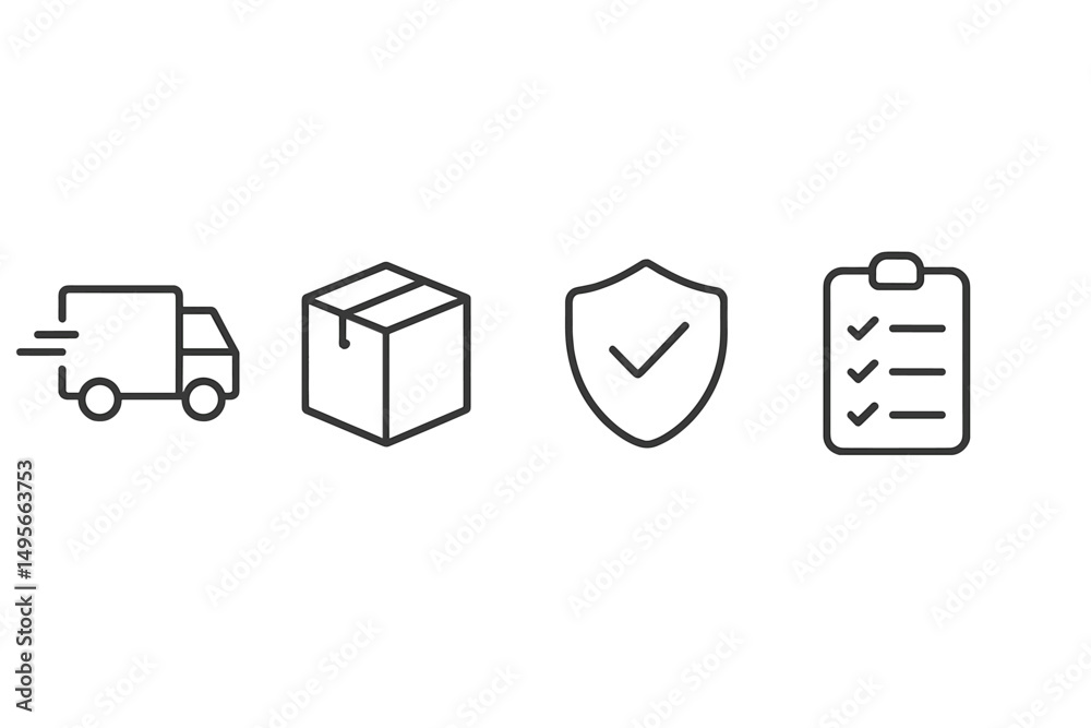 Poster delivery process with icons representing shipping, packaging, protection, and task management