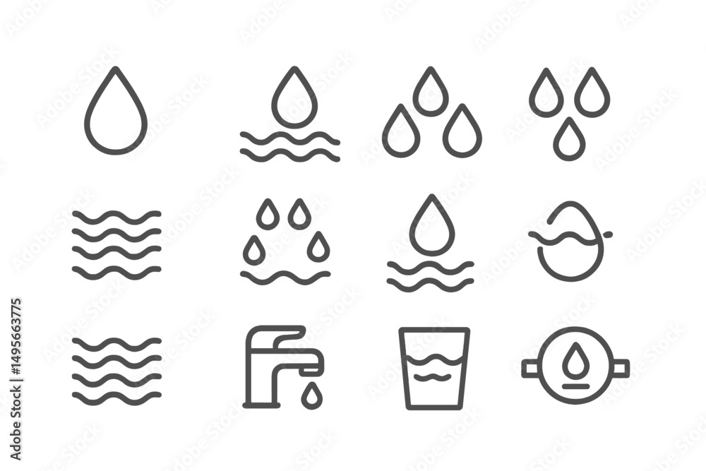 Poster visual representation of water droplets, waves, and drinking water elements in a simple, minimalist 