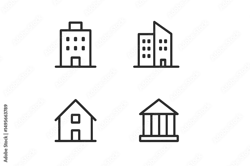 Aufkleber different types of buildings displayed in simple line art style showcasing urban and residential arc
