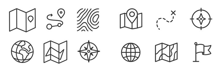 Exploring navigation symbols and icons representing maps and travel concepts for modern wayfinding technology