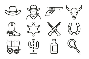 Fototapeta na wymiar Western themed icons representing cowboy culture and activities related to the Wild West lifestyle in a minimalist design style