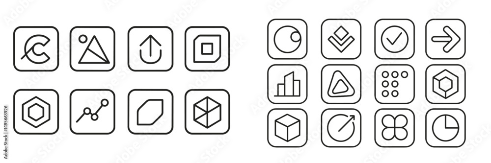 Poster set of geometric icons in simple outline design used for user interface elements in modern applicati