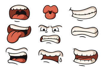 Cartoon face expression, emotional comic style mouths and eyes  vector set
