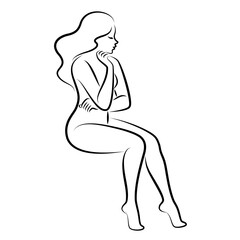 Silhouette of a cute lady, she is sitting. The girl has a beautiful naked figure. The woman is a young sexy and slim model. Vector illustration.