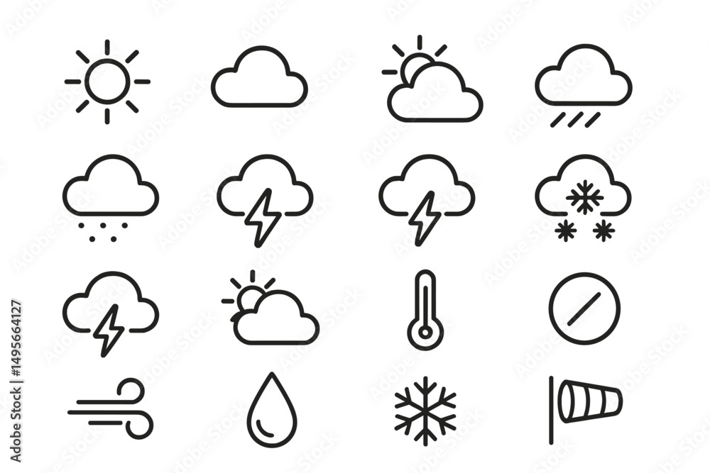 Poster weather symbols representing various conditions including sun, rain, snow, and thunderstorms in a mi