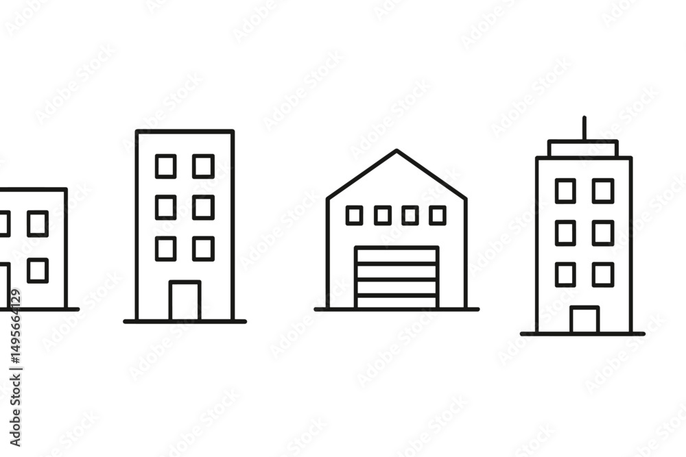 Poster sketches of different building types showcasing their unique structures and designs in a minimalist 