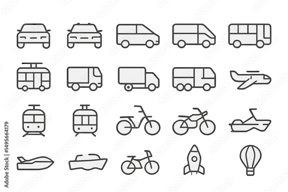 Poster various modes of transportation illustrated in simple designs suitable for educational and creative 