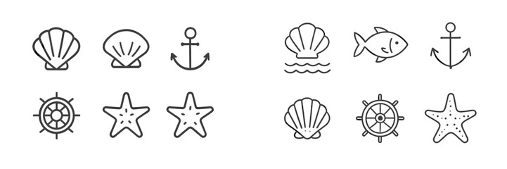Collection of nautical-themed line art featuring shells, fish, anchors, and steering wheels for decorative use