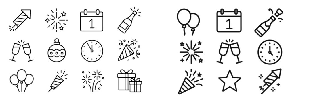 Celebratory icons for New Year?s Eve featuring fireworks, champagne, and party decorations