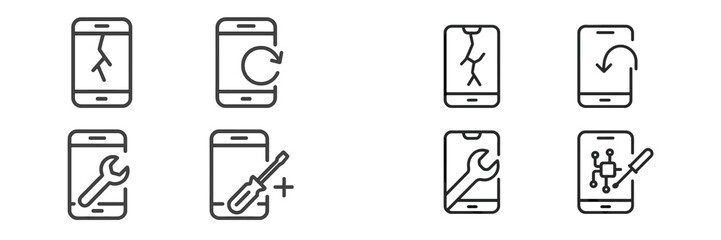 Icons representing various smartphone repair services including screen replacement and software updates