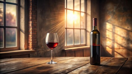 A glass of red wine and a bottle resting on a rustic wooden table, bathed in the warm glow of a sunset viewed through a large window.