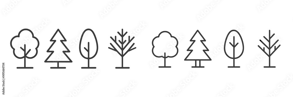Poster Collection of simple tree illustrations showcasing diverse shapes and forms for design inspiration and nature themes