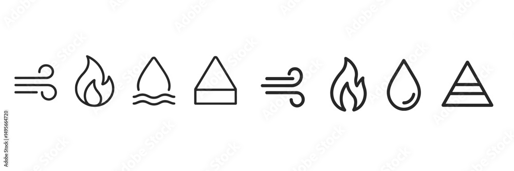 Poster graphic elements representing the four classical elements with minimalist icons and simple designs o