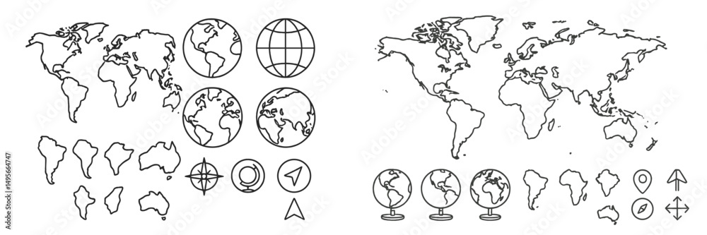 Poster illustrations of world maps featuring globes, compass symbols, and navigation elements for education