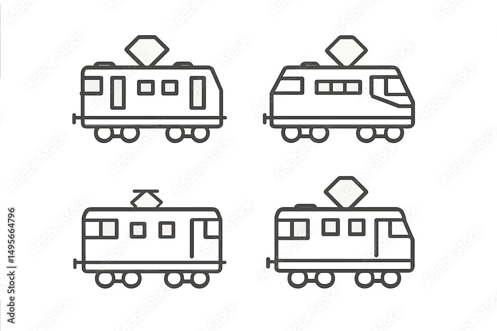 Aufkleber various train designs illustrated in a minimalistic style showcasing different models on a clean bac