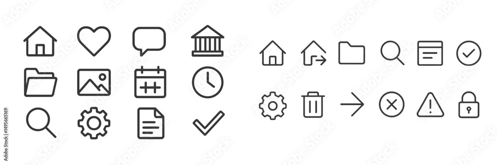 Poster various minimalistic icons representing different concepts including home, communication, time, and 