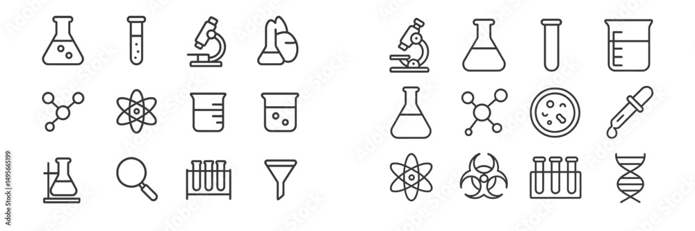 Poster collection of lab equipment and science icons suitable for educational purposes in various fields of