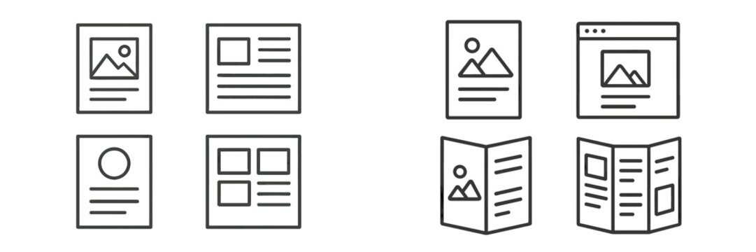 Graphic representations of documents and layouts for digital and print media showcasing various design elements and structure