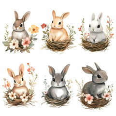 Fototapeta premium Six adorable bunnies nestled in whimsical nests, surrounded by delicate floral arrangements. Capturing the essence of spring with its playful watercolor artwork.