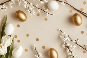 Fototapeta premium Easter eggs, tulips, and branches on a beige background